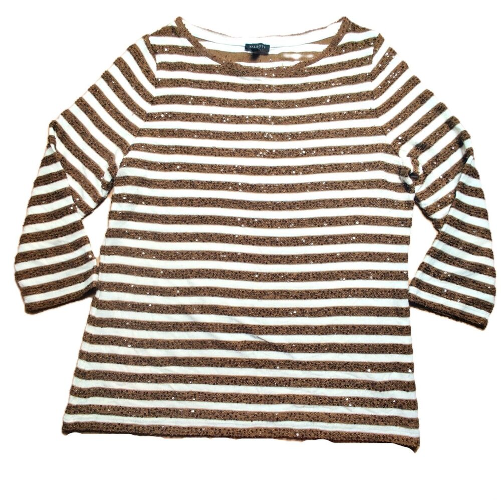 Talbots Striped Sequin Knit Top Size L Brown White 3/4 Sleeve Boat Neck